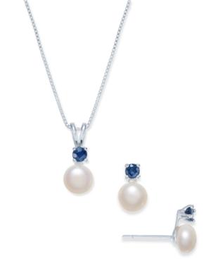 Cultured Freshwater Pearl (6mm) & Sapphire (1/2 Ct. T.w.) Jewelry Set In Sterling Silver