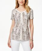 Karen Scott Petite Printed Short-sleeve Henley Top, Only At Macy's
