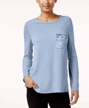 Ny Collection Mixed-media Velvet-pocket Top