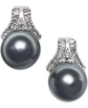 Cultured Tahitian Black Pearl (10mm) And Diamond (5/8 Ct. T.w.) Stud Earrings In 14k White Gold