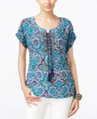 Ny Collection Printed Beaded Peasant Top