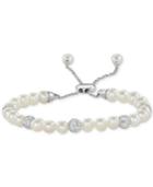 White Cultured Freshwater Pearl (6mm) & Crystals Bolo Bracelet In Sterling Silver