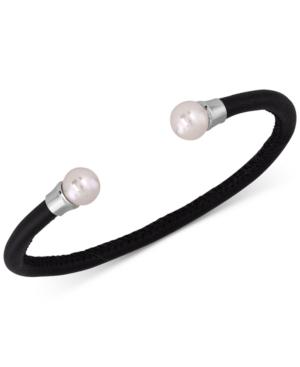 Majorica Silver-tone Imitation Pearl Leather Bangle Bracelet