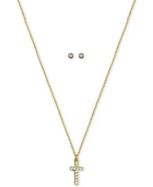 Kitsch Gold-tone Crystal Cross Pendant Necklace & Stud Earrings