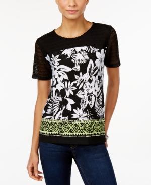 Alfred Dunner Petite Crochet-detail Floral Top