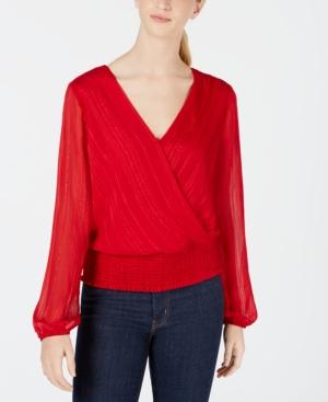 Bcx Juniors' Metallic-stripe Smocked Surplice Top