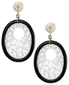 Black Agate (18-3/4mm) And White Mother Of Pearl (10mm) Swirl Drop Earrings In 14k Gold