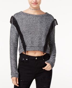 The Edit By Seventeen Juniors' Fringe-trim Marled Cropped Sweatshirt