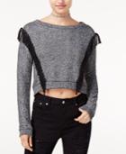 The Edit By Seventeen Juniors' Fringe-trim Marled Cropped Sweatshirt