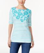 Karen Scott Floral-print Striped Top, Only At Macy's