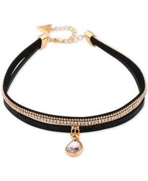 Guess Gold-tone Crystal & Faux Leather Pendant Choker Necklace