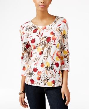 Karen Scott Petite Floral-print Three-quarter-sleeve Top, Only At Macy's
