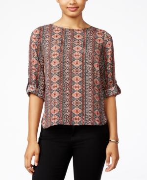 Hippie Rose Juniors' Printed Roll-tab Blouse