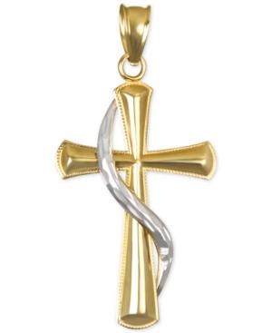 Polished Two-tone Cross Pendant In 14k Yellow And White Gold