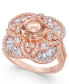 Peach Glass Stone & Cubic Zirconia Filigree Floral Ring In 14k Rose Gold-plated Sterling Silver