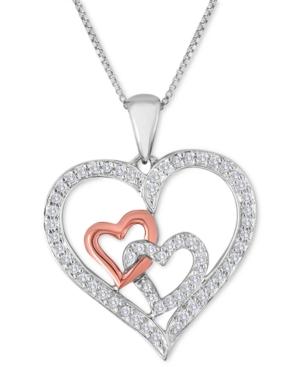 Cubic Zirconia Double Heart Pendant Necklace In Sterling Silver And 10k Rose Gold