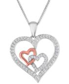 Cubic Zirconia Double Heart Pendant Necklace In Sterling Silver And 10k Rose Gold