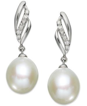 14k White Gold Earrings, Cultured Freshwater Pearl (9mm) And Diamond (1/10 Ct. T.w.) Drop Earrings