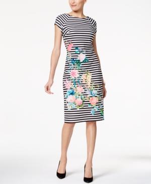 Eci Cap-sleeve Striped Floral Sheath Dress