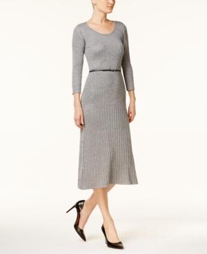 Calvin Klein Belted Sparkle Ribbed Midi Sweater Dress