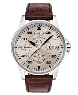 Boss Hugo Boss Men's Aviator Brown Leather Strap Watch 44mm