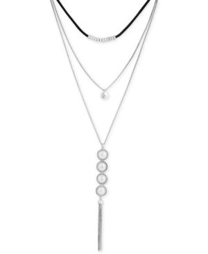 Lucky Brand Silver-tone Bead, Imitation Pearl & Chain Tassel Leather Lariat Necklace, 18 + 3 Extender