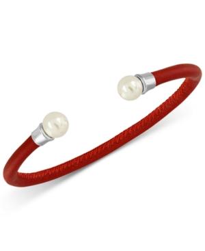 Majorica Silver-tone Imitation Pearl Red Leather Bangle Bracelet