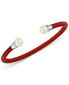 Majorica Silver-tone Imitation Pearl Red Leather Bangle Bracelet