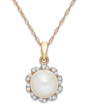 Cultured Freshwater Pearl (8mm) And Diamond (1/10 Ct. T.w.) Pendant Necklace In 14k Gold