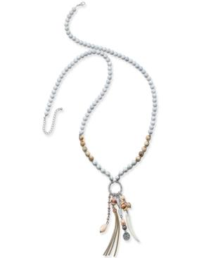 Silver-tone White And Brown Beaded Long Charm Pendant Necklace