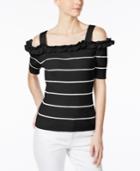 Grace Elements Striped Ruffled Cold-shoulder Sweater