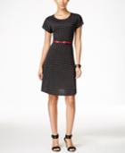 Ny Collection Petite Belted Dot-print Dress