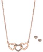 Charter Club Rose Gold-tone Triple Heart Pendant Necklace And Matching Pave Stud Earrings