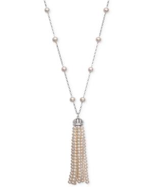 Belle De Mer Cultured Freshwater Pearl (4 & 7mm) And Cubic Zirconia Tassel Lariat Necklace In Sterling Silver, Only At Macy's