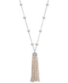 Belle De Mer Cultured Freshwater Pearl (4 & 7mm) And Cubic Zirconia Tassel Lariat Necklace In Sterling Silver, Only At Macy's