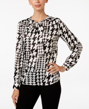 Kasper Charmeuse Houndstooth-print Tie-neck Blouse