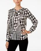 Kasper Charmeuse Houndstooth-print Tie-neck Blouse