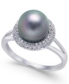 Cultured Tahitian Pearl (8mm) & Diamond (1/5 Ct. T.w.) Halo Ring In 14k White Gold