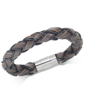 Sutton By Rhona Sutton Men's Stainless Steel Leather Braided Bracelet