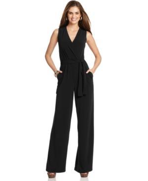 Ny Collection Jumpsuit, Sleeveless Surplice Wrap Belted Wide Leg Jersey