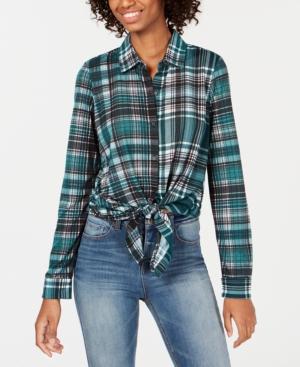 Almost Famous Juniors' Lattice-back Tie-front Plaid Shirt