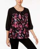 Ny Collection Petite Printed Pleated Keyhole Top