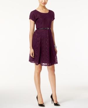 Ny Collection Petite Belted Lace Fit & Flare Dress