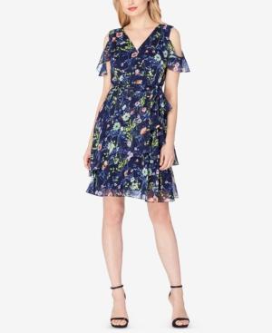 Tahari Asl Floral-print Ruffled Cold-shoulder Dress