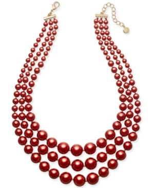 Charter Club Gold-tone Red Imitation Pearl Three-row Necklace, 18 + 2 Extender, Created For Macy's