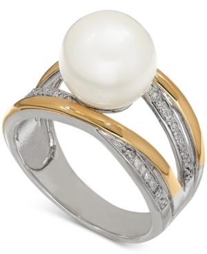 Freshwater Pearl (10mm) And Diamonds (1/10 Ct. T.w.) Ring In Sterling Silver And 14k Gold