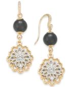 Charter Club Two-tone Crystal Flower & Jet Imitation Pearl Drop Earrings, Created For Macy's