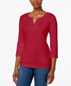 Karen Scott Crochet Split-neck Top, Only At Macy's