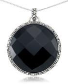 Faceted Onyx (28 X 5mm) & Marcasite Medallion Pendant On 18 Chain In Sterling Silver