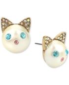 Betsey Johnson Gold-tone Colored Pave & Imitation Pearl Cat Stud Earrings
